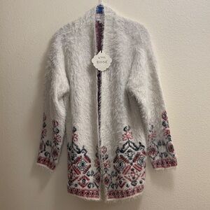 Knox Rose Boho Eyelash Open Cardigan Women’s Size Large Floral Geometric Red New